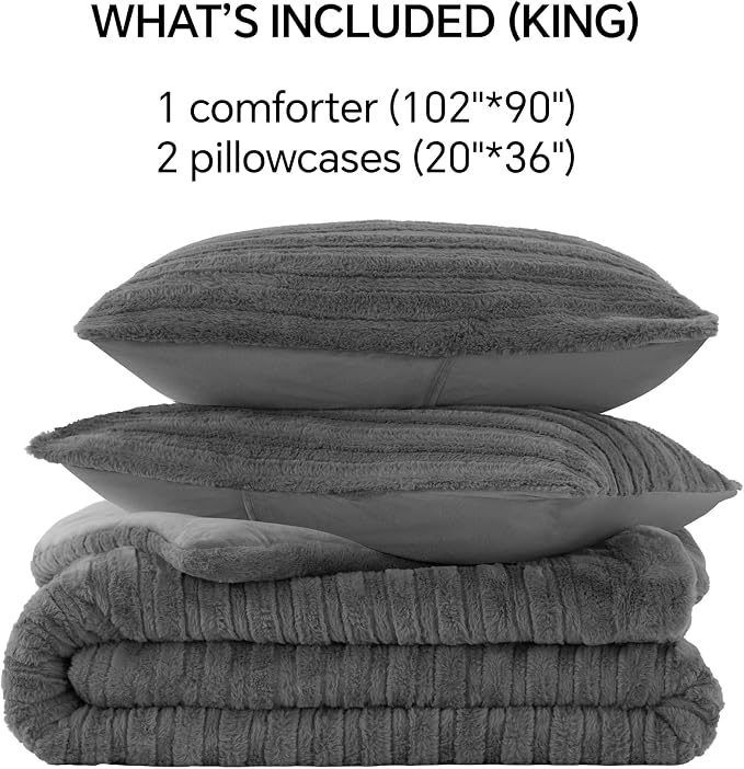 BEDELITE Fleece King Comforter Set -Super Soft & Warm Fluffy Grey Faux Fur - Image 8