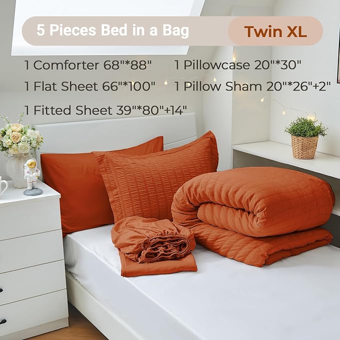 MUXHOMO 5 Pieces Twin XL Comforter Set, Seersucker Bed in a Bag Twin XL Size - Image 4