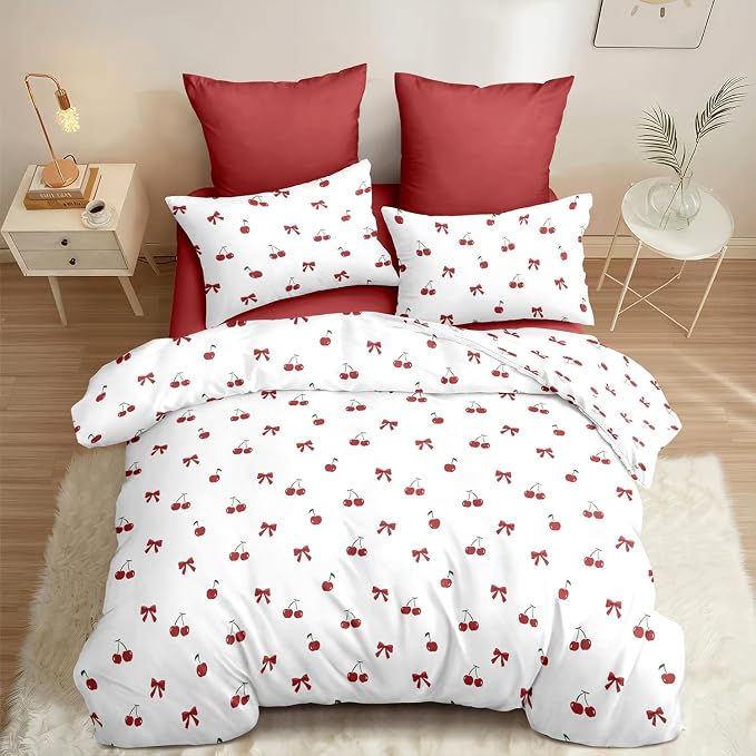 Nayoroom Red Cherry Duvet Cover Queen Size Cute Bow Duvet Cover 3 Pieces Soft - Image 4
