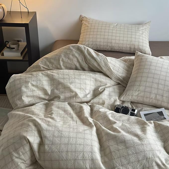 PinkMemory Beige Gingham Duvet Cover Bedding King 100% Washed Cotton Vintage - Image 2