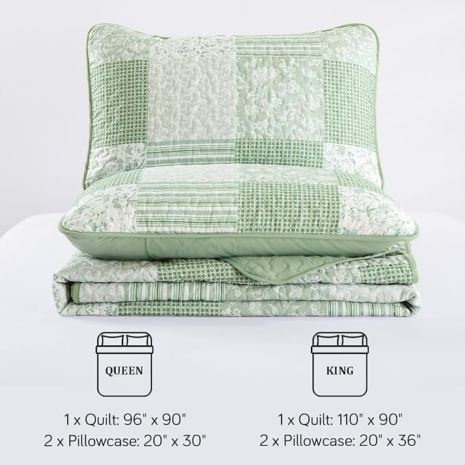 Mybedsoul Light Green Quilt Set King Size, 3 Pieces Plaid Floral Bedspread Set - Image 7