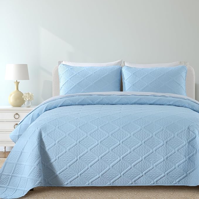 Yiran Ash Blue Quilt Set Queen Size, 3 Piece Reversible Bedspreads Bedding Set by Yiran
