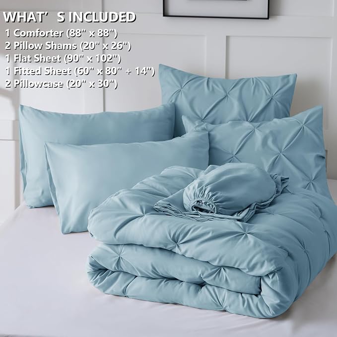 HIMEET Pintuck Bed in a Bag, 7 Pieces Queen Size Comforter Set Light Blue - Image 8