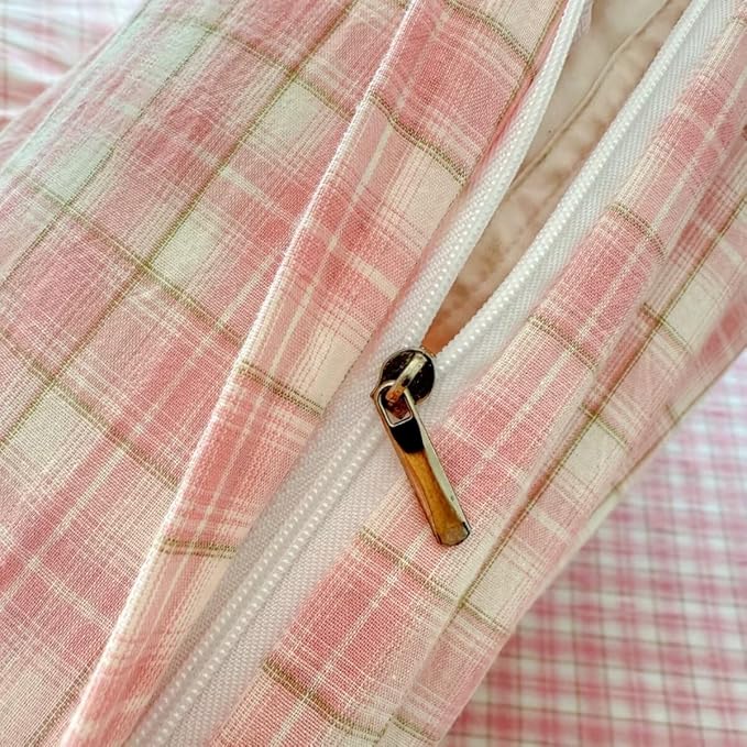 PinkMemory Pink Gingham Plaid Duvet Cover Set Queen 100% Washed Cotton Cute - Image 7