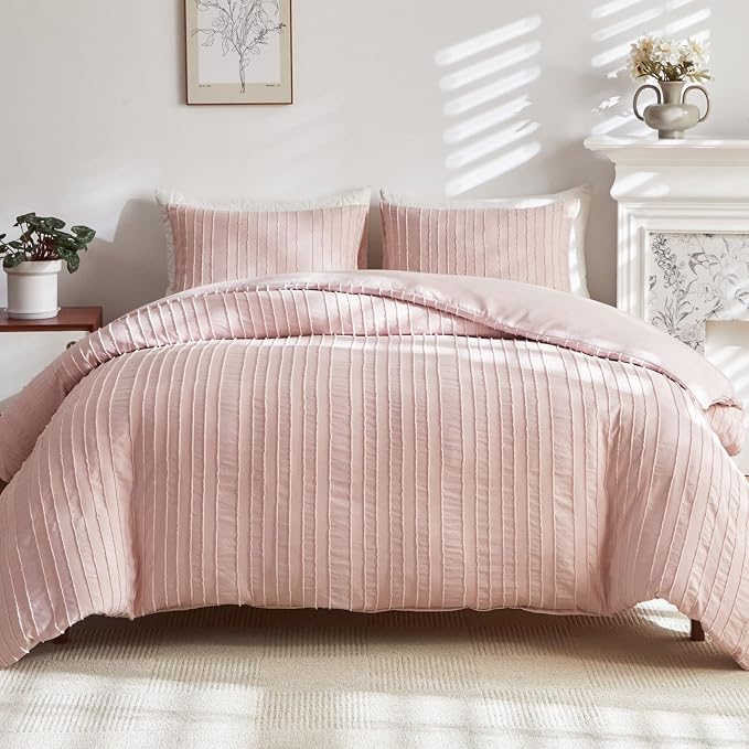WARMDERN Pink Boho Duvet Cover King Size, Striped Textured Duvet Cover Set by WARMDERN