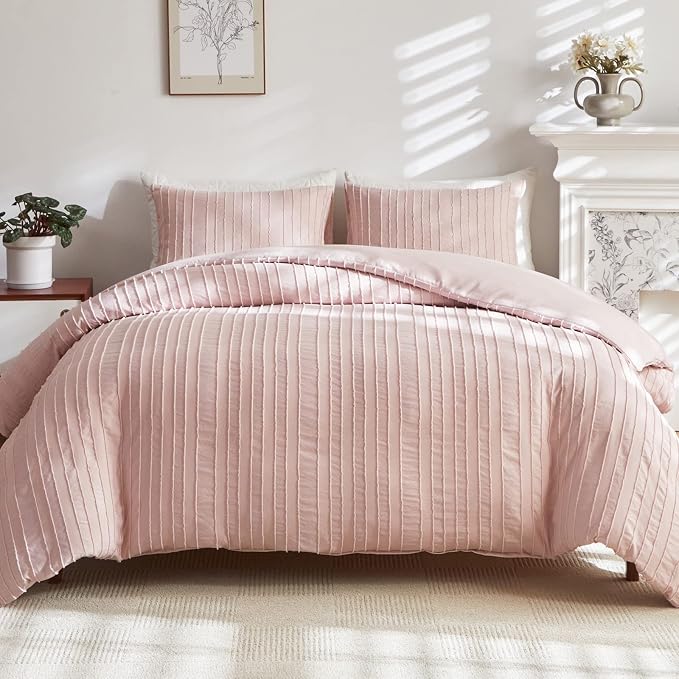 WARMDERN Pink Tufted Duvet Cover Set Queen Size, Striped Textured Duvet Cover by WARMDERN