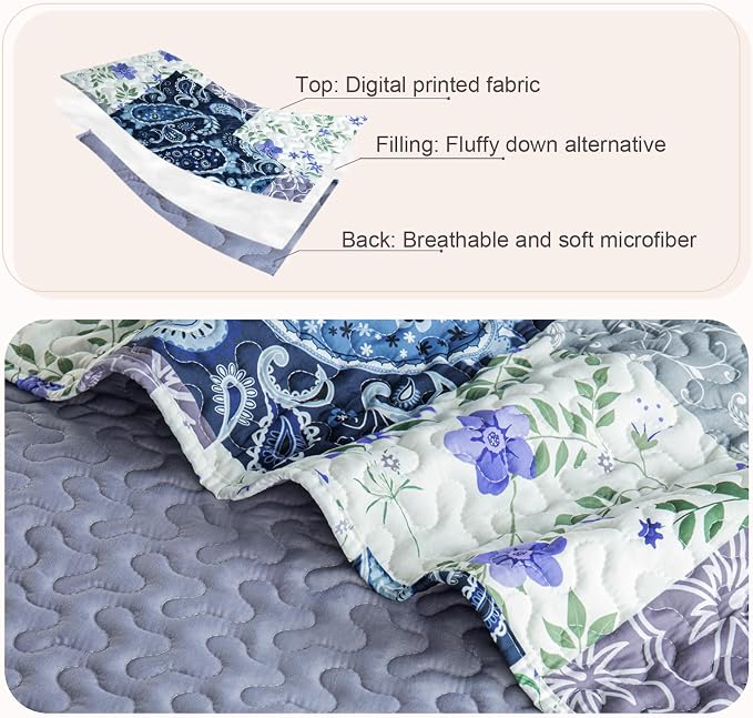 Whale Flotilla Patchwork Quilt Twin Size, Soft Boho Floral Bedspreads - Image 6