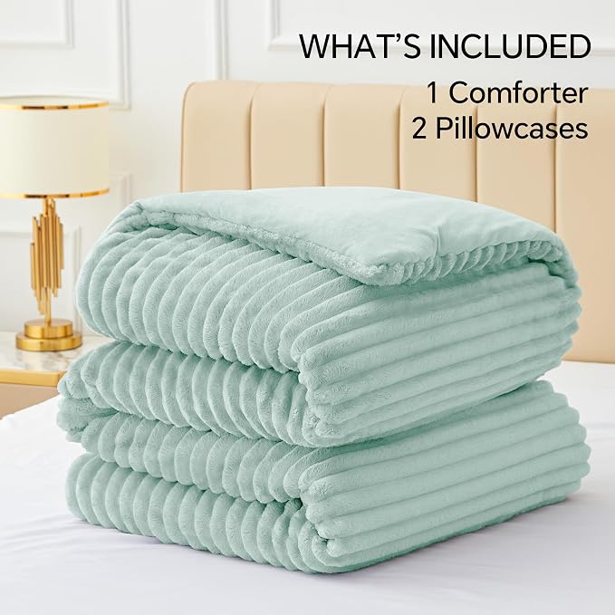 BEDELITE Fleece Queen Comforter Set -Super Soft & Warm Fluffy Light Green - Image 6