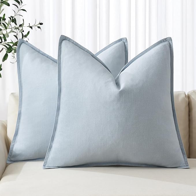 MIULEE Decorative Linen Pillow Covers 18x18 Inch Light Blue ​Boho Farmhouse​ by MIULEE