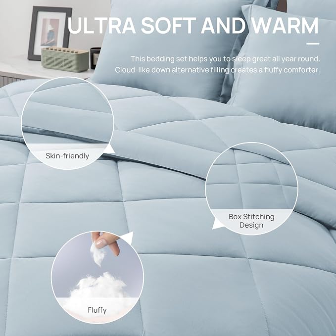 Love's cabin Full Comforter Set Light Blue, 7 Pieces Full Bed in a Bag - Image 5