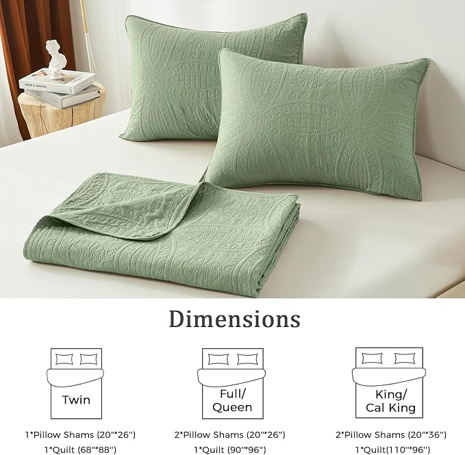 akkialla King Size Quilt Set, Sage Green Ultrasonic Bedspread, Lightweight Soft - Image 6