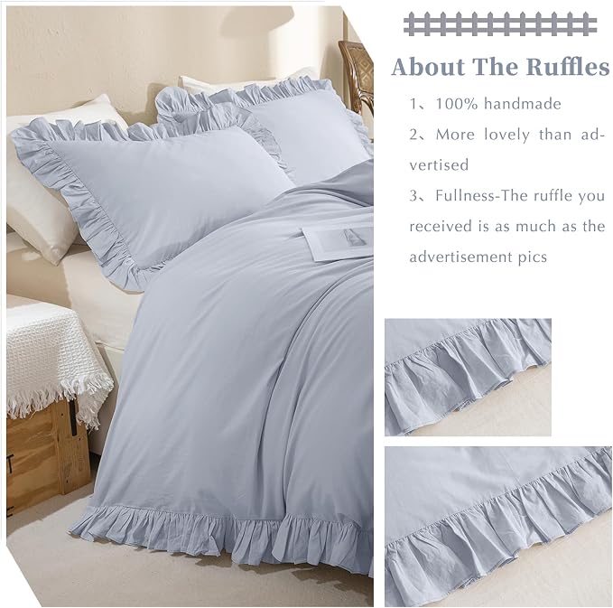 QSH Ruffle Duvet Cover Queen Size Washed Cotton - Image 3