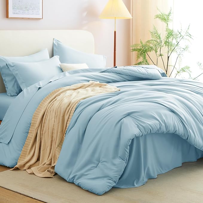 CozyLux Queen Comforter Set Light Blue, 7 Pieces Bed in a Bag Queen Comforter - Image 7