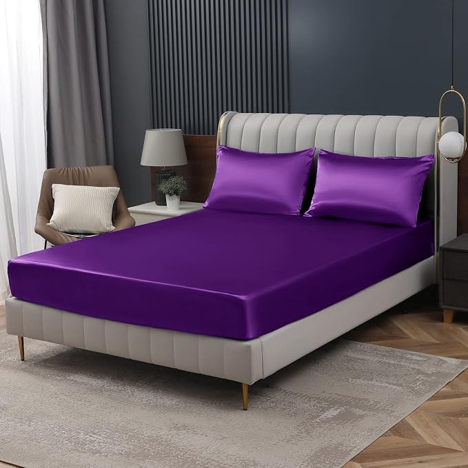 Homiest Purple Satin Fitted Sheet Queen Size, Deep Pocket, Luxury & Ultra Soft by Homiest