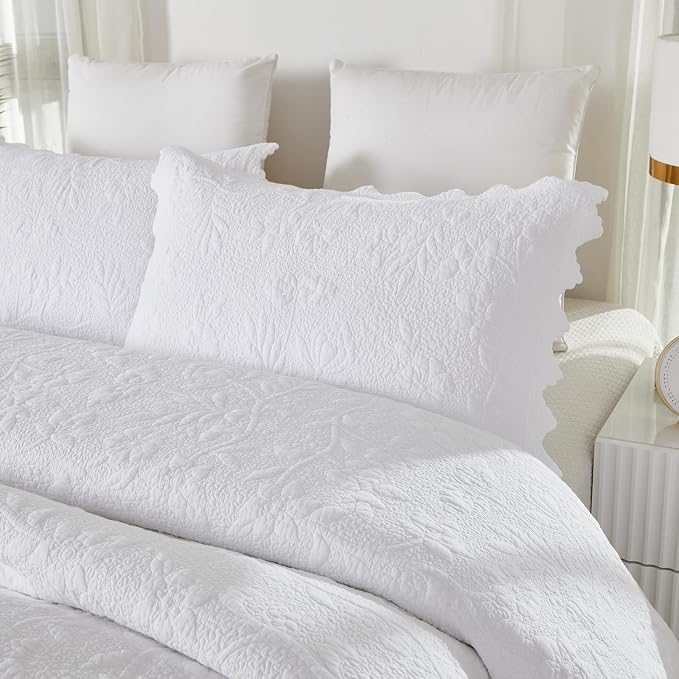 Brandream White Quilt Set King Size Quilt Bedding Set Cotton Luxury Matelasse - Image 3