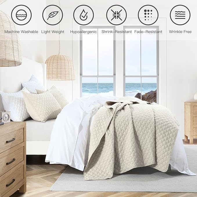 HORIMOTE HOME Quilt Set Twin Size Beige Bedspread, Modern Style Quilted Clouds - Image 4