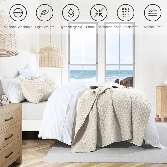 HORIMOTE HOME Quilt Set King Size Beige Bedspread, Modern Style Quilted Clouds - Image 3