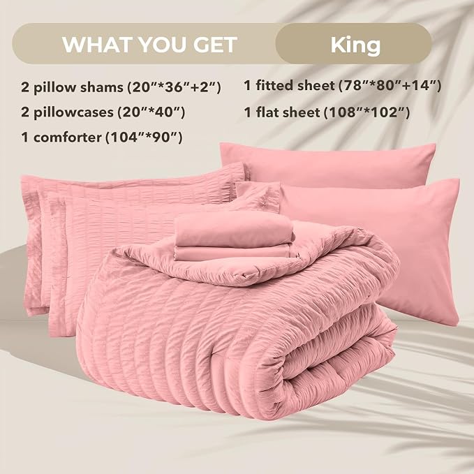 HYMOKEGE Rose Pink King Size Comforter Set Seersucker 7 Pieces, All Season - Image 5