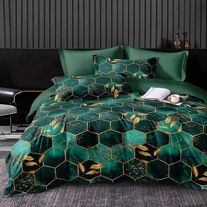 Nanko Emerald Dark Green Gold Printed Queen Size Comforter Set 3 Pcs by NANKO