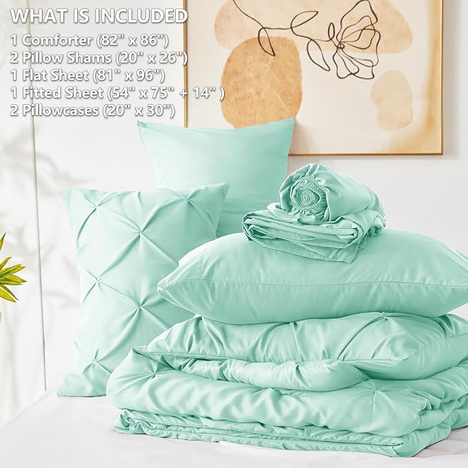 CozyLux Full Size Comforter Sets Mint Green, 7 Pieces Pintuck Bed in A Bag - Image 7
