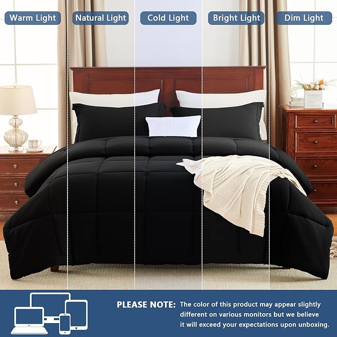 CozyLux Oversized King Comforter Set, 3 Pieces Black 120x98 Box Stitched Design - Image 5