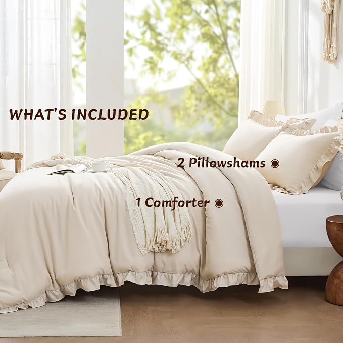 FUANNA King Size Comforter Set Beige, 3 Pieces Ruffle King Bedding Set - Image 5