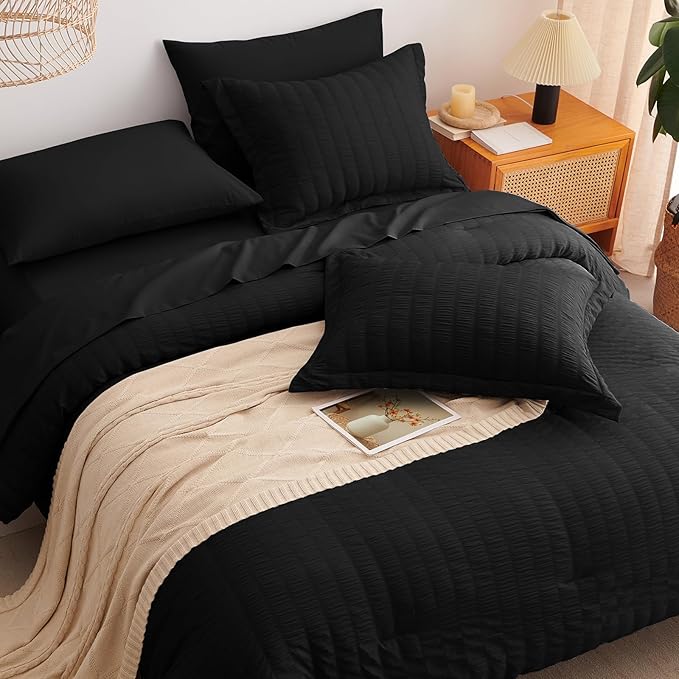 CozyLux Oversized Queen Comforter Set Black Seersucker 7 Pieces 98x98 Bed in a - Image 6