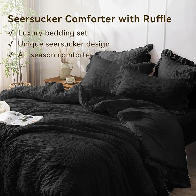JOLLYVOGUE Black Twin Size Comforter Set, 2 Pieces Seersucker Lightweight - Image 4