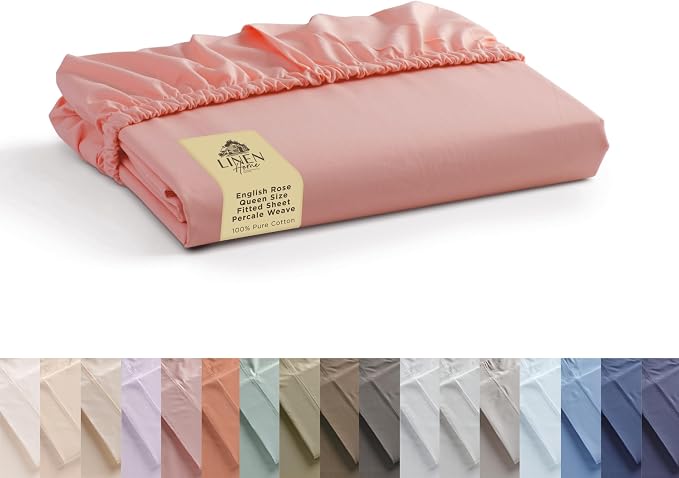 Linen Home 100% Long-Staple Cotton Percale Weave Fitted Sheet, Queen Size by LINENHOME