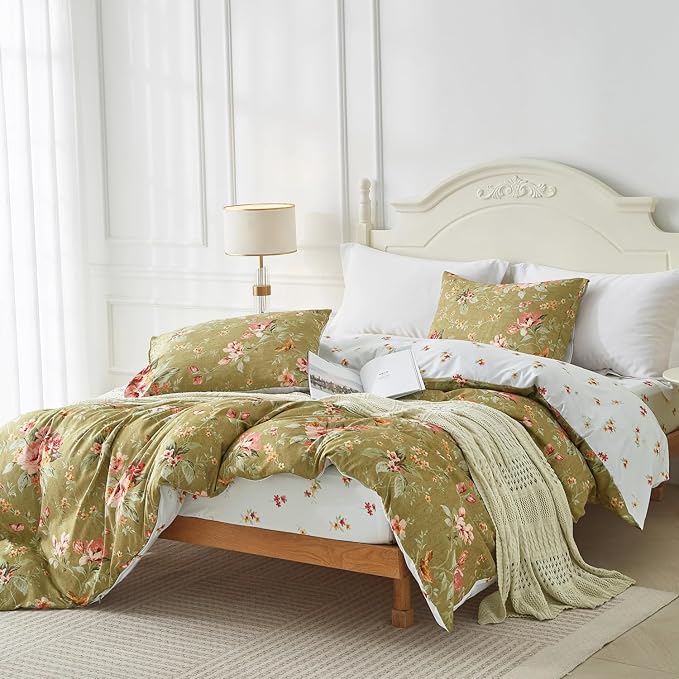 mixinni Duvet Cover King Size, Long Staple Cotton Reversible Green Floral Duvet - Image 8