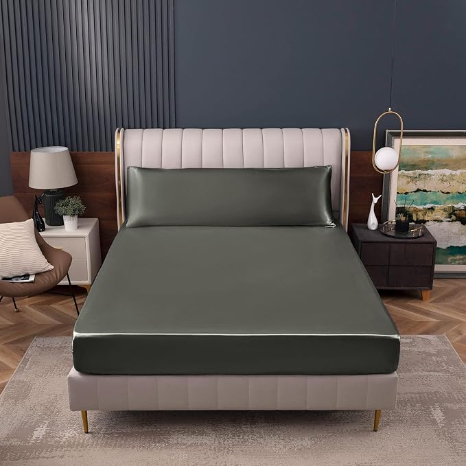 Homiest Dark Grey Satin Fitted Sheet Queen Size, Deep Pocket, Luxury & Ultra - Image 2
