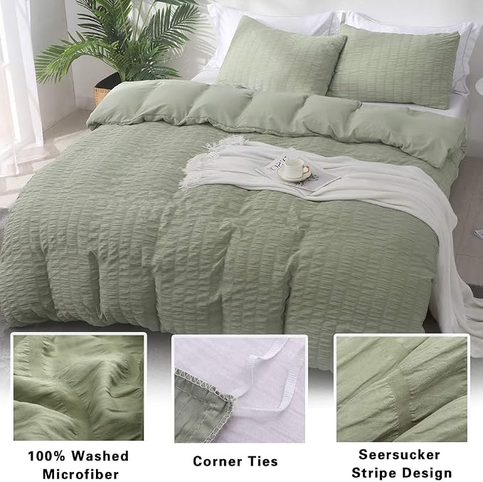 AveLom Green Duvet Cover Queen, 3 Pieces, Seersucker Tripe Soft Washed - Image 2