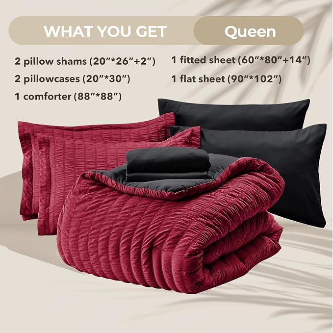HYMOKEGE Red & Black Queen Comforter Set Seersucker 7 Pieces, All Season Luxury - Image 6