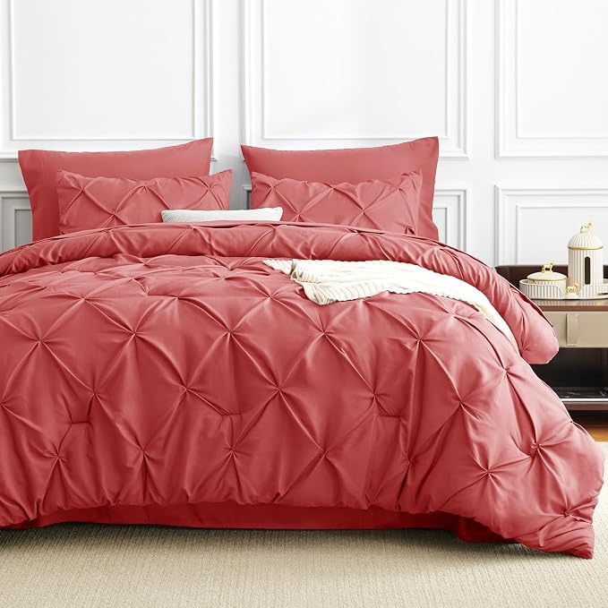 CozyLux Full Size Comforter Sets Coral, 7 Pieces Pintuck Bed in A Bag Coral - Image 9