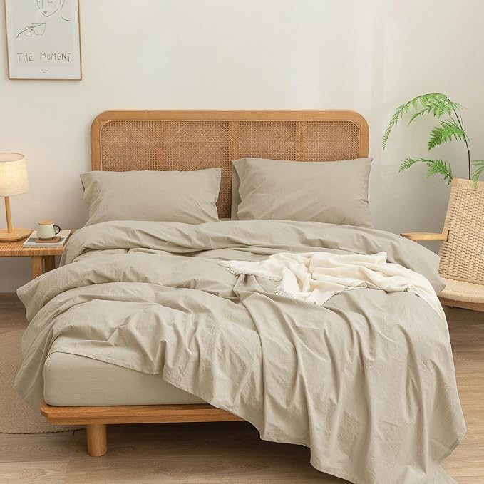 BESTOUCH Flat Sheet Only 100% Washed Cotton Linen Feel Wrinkle-Free, - Image 2
