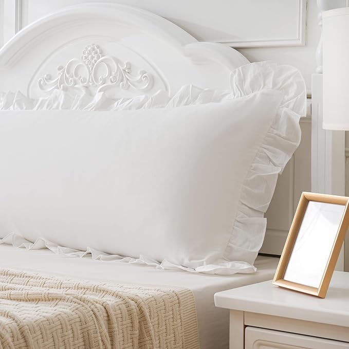 Off White Ruffled Body Pillow Cover 1 Piece Washed Cotton Farmhouse Shabby Long - Image 3