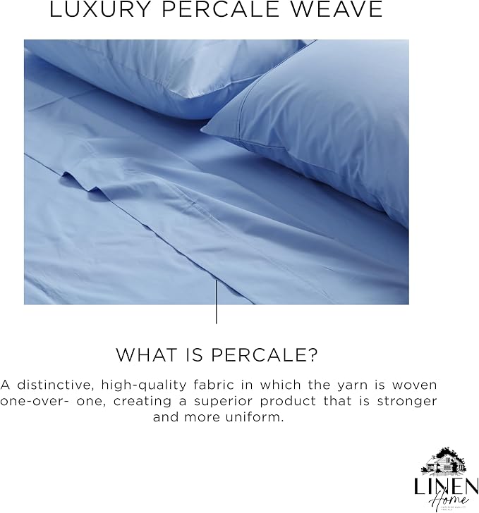 Linen Home 100% Cotton Percale Weave Fitted Sheet, Twin Size, Baby Blue - Image 2