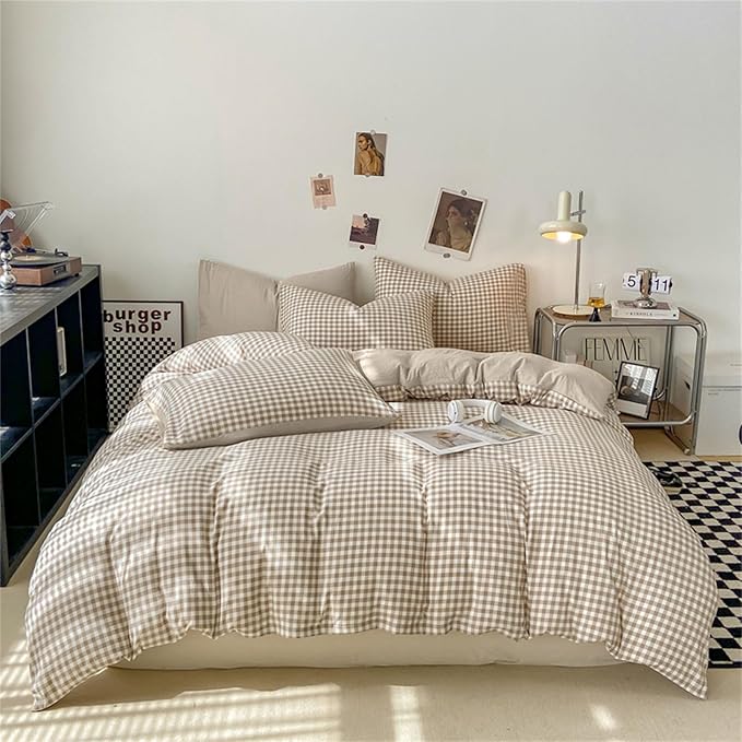 Nayoroom Gingham Duvet Cover Queen Size Brown Tan Plaid Checkered Comforter by Nayoroom
