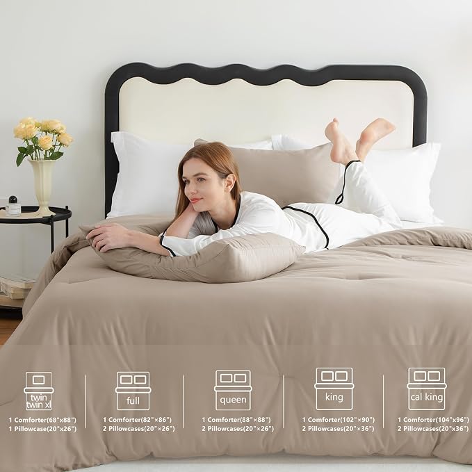 CozyLux Queen Comforter Set Khaki, 3 Pieces Solid Comforters Queen Size - Image 7