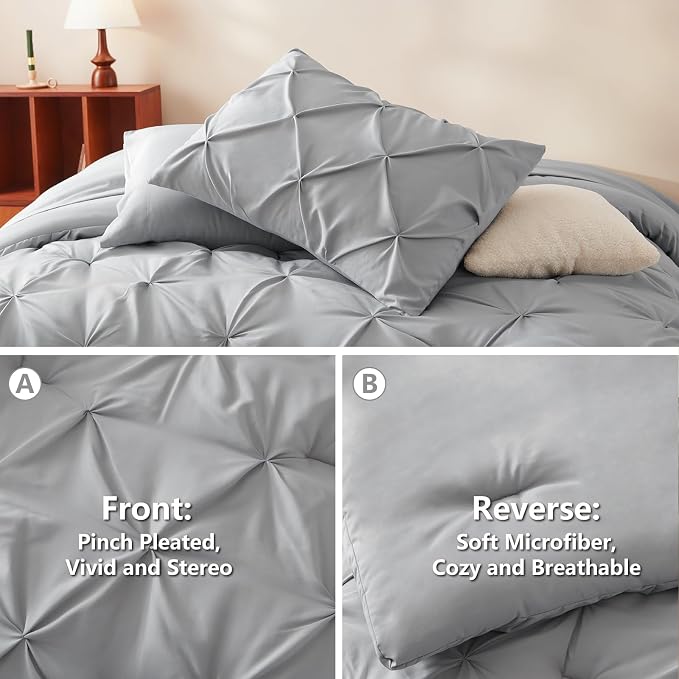 HIMEET Pintuck Bed in a Bag, 7 Pieces Full Size Comforter Set Light Grey - Image 3