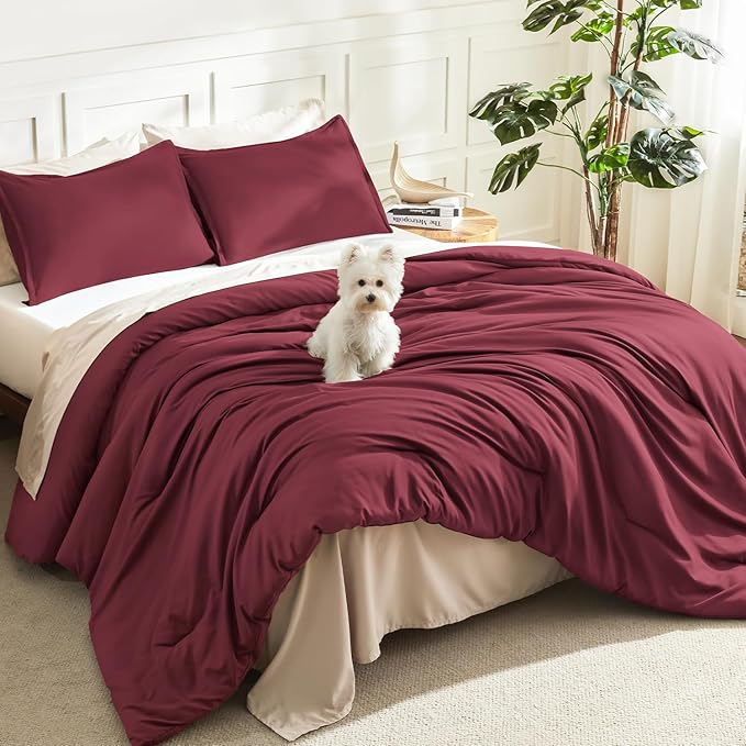 Litanika Burgundy Red Comforter Set Queen Size, 3 Pieces Lightweight Solid by Litanika