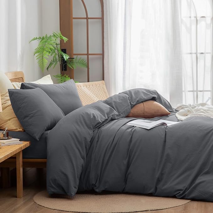 BESTOUCH Duvet Cover Set 100% Washed Cotton Linen Feel Super Soft Comfortable - Image 3