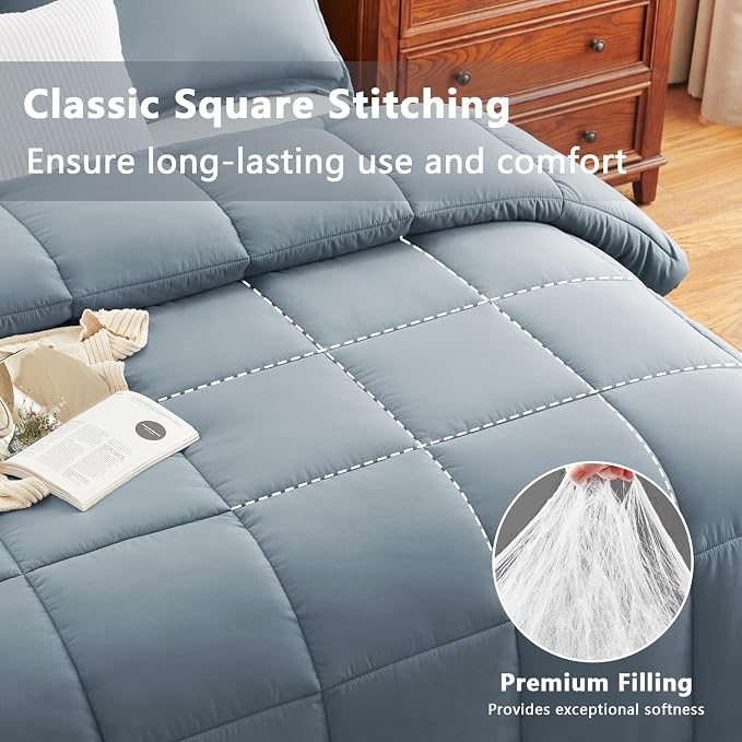 CozyLux Oversized Queen Comforter Set, 3 Pieces Grayish Blue 98x98 Box Stitched - Image 2