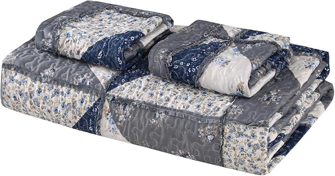 Oversized King Size Grey Floral Plaid Patchwork Quilt Set 128x120 Extra Wide - Image 8