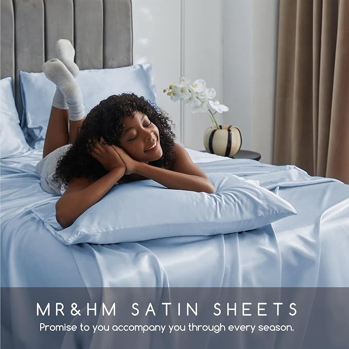 MR&HM Satin Bed Sheets with Elastic Corner Straps, King Size Sheets Set - Image 6