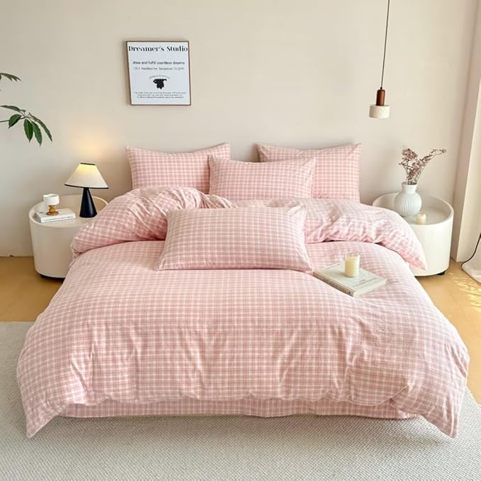 PinkMemory Pink Gingham Plaid Duvet Cover Set Queen 100% Washed Cotton Cute - Image 2