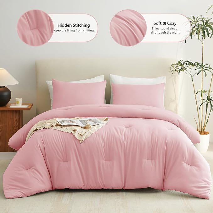 CozyLux Full Size Comforter Set Pink, 3 Pieces Solid Breathable Quilted Bedding - Image 2
