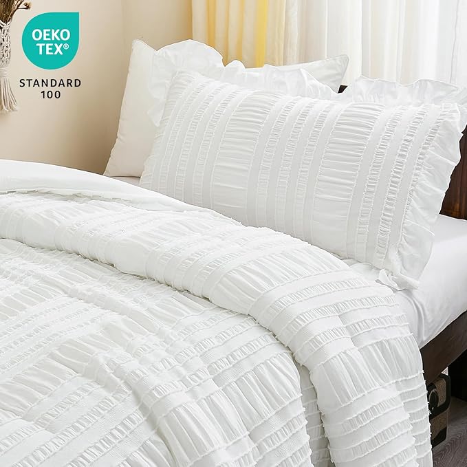 WONGS BEDDING White Comforter Set Twin, 3 Pieces Ruffle Shabby Chic Comforter - Image 8