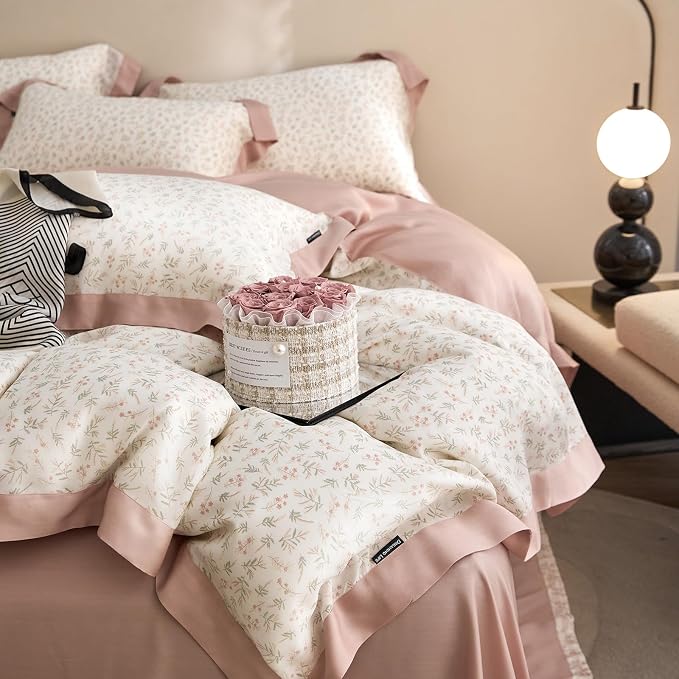 mixinni Pink White Floral Duvet Cover Twin XL Size Green Leaves Cute Flower - Image 5
