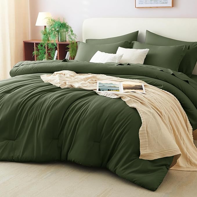 CozyLux Oversized Queen Comforter Set Olive Green, 7 Pieces Bed in a Bag by CozyLux